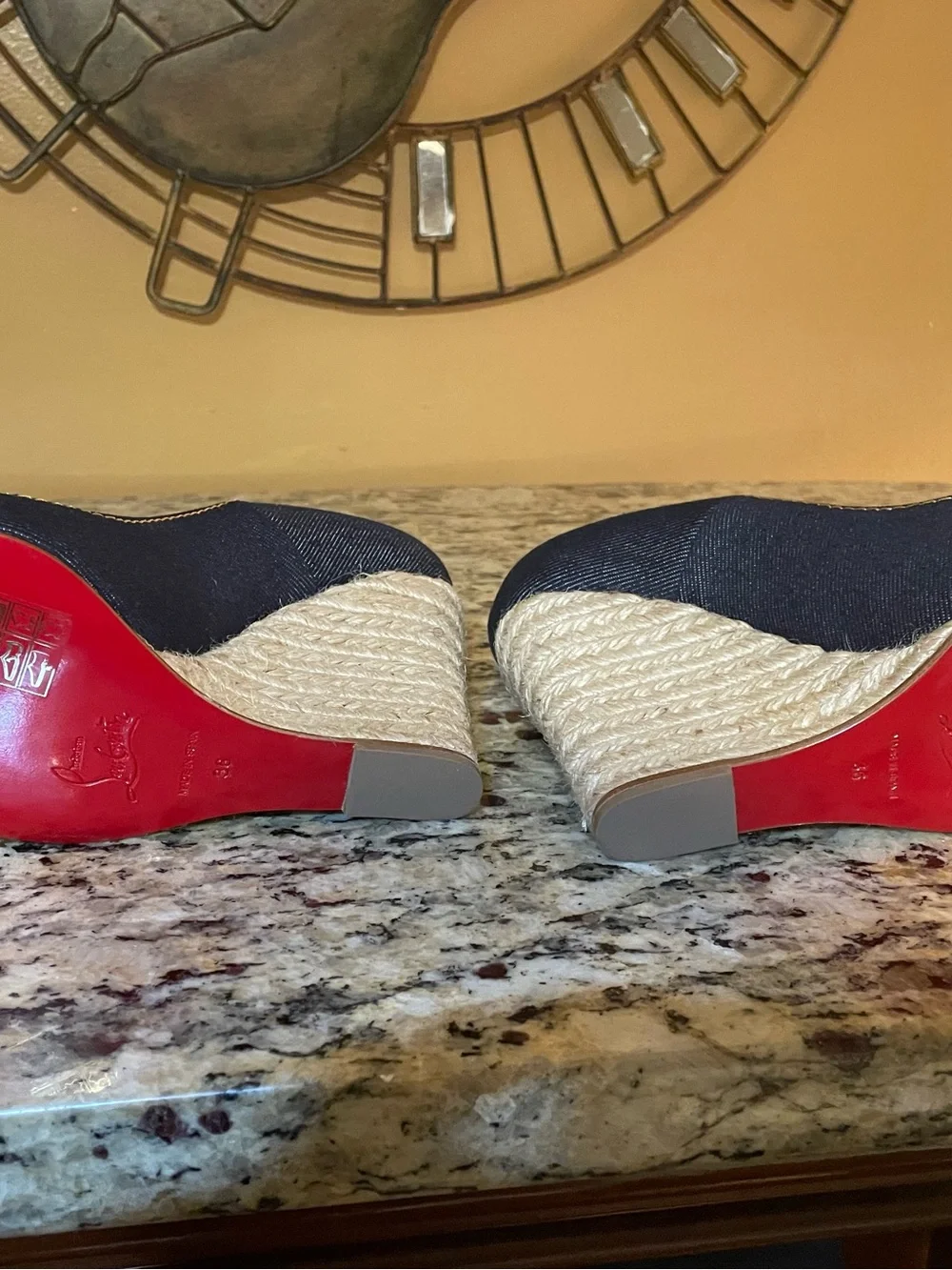 Christian Louboutin Navy Denim Pointed-Toe Pumps with Red Sole
